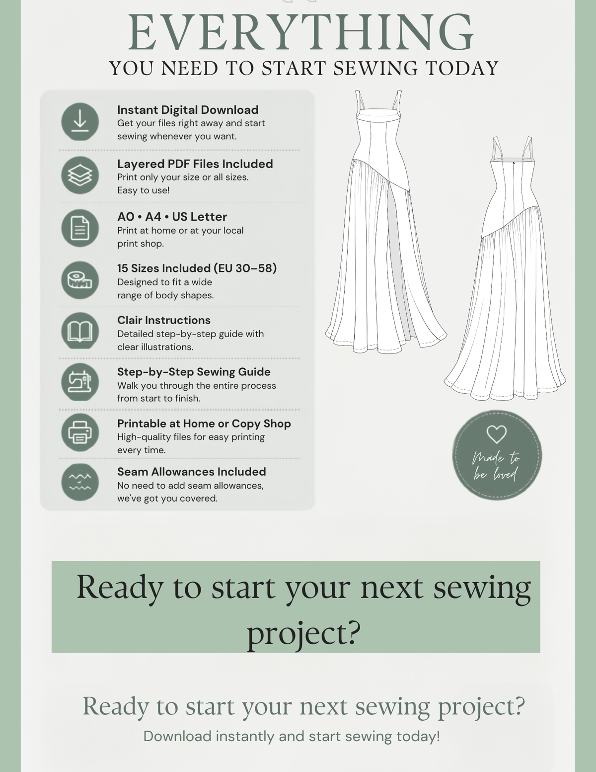 ELYSIA dress sewing pattern PDF
package with layered files, A0, A4
and US Letter printing formats, 15
EU sizes and illustrated sewing
instructions.