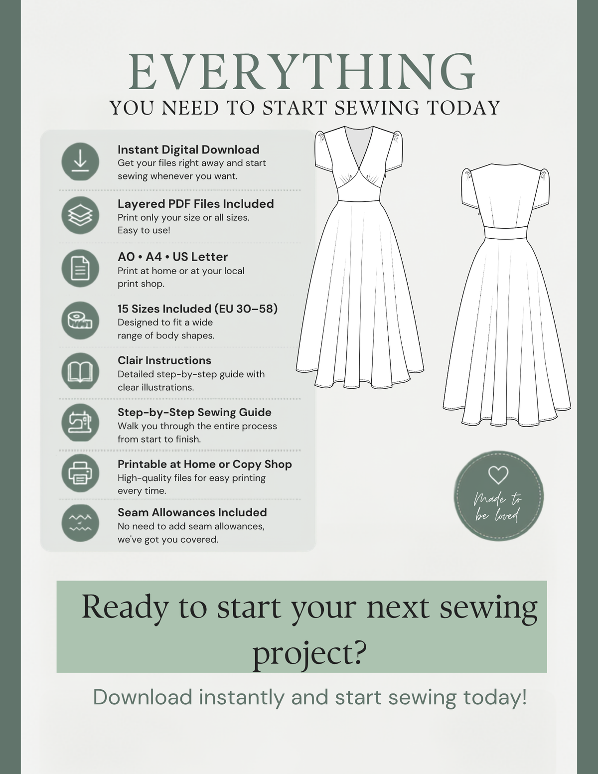 FAYA PDF dress sewing pattern with instant download, layered files, A0, A4 and US Letter formats, 15 sizes EU 30 to 58 and step-by-step instructions.
