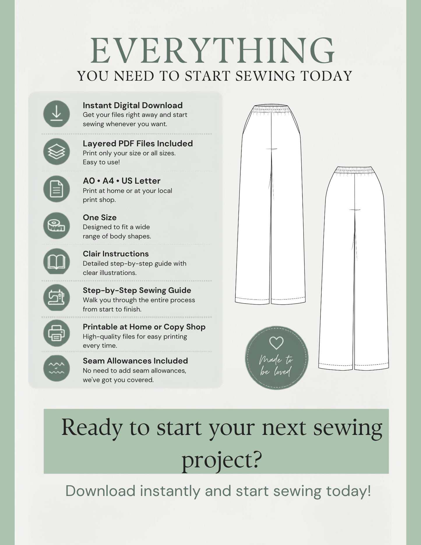 JENNA women's pants PDF sewing
pattern with printable files, layered
PDFs, clear instructions and seam
allowances