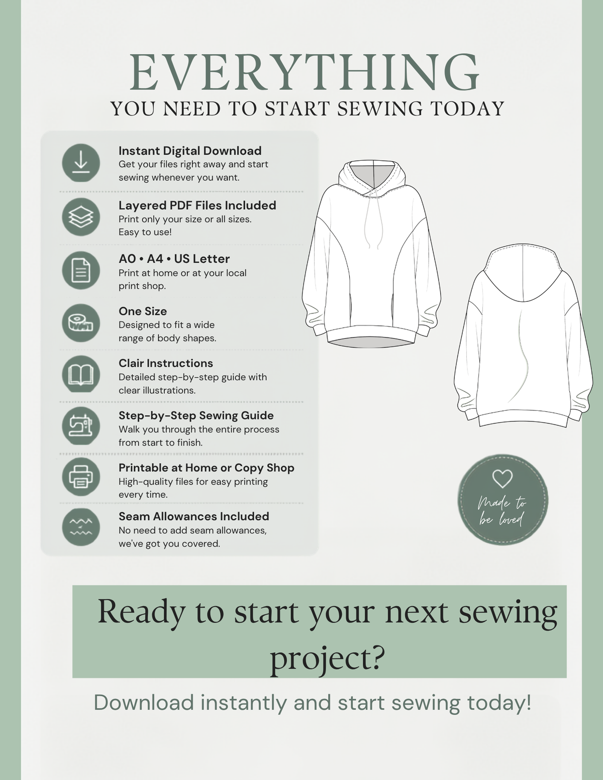 OLEA PDF sewing pattern digital download showing layered PDF files, A0, A4 and US Letter formats, illustrated instructions and included seam allowances