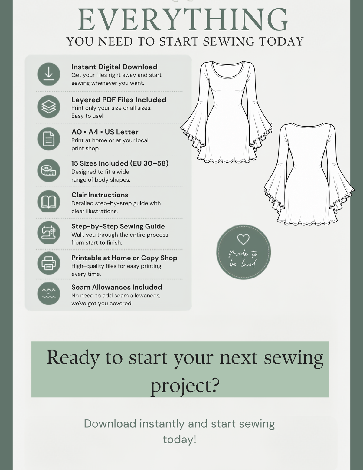 Perla PDF sewing pattern digital download with A0, A4 and US Letter fi les