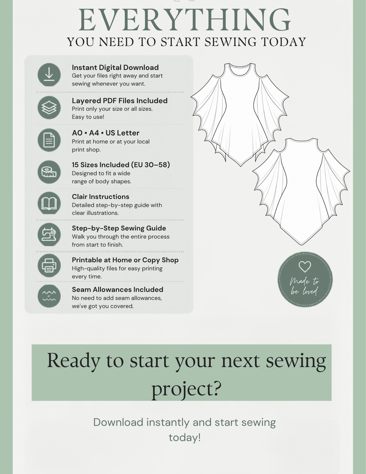 Raven bat wing dress sewing pattern PDF
features including instant digital download,
layered PDF files, A0, A4 and US Letter printing
formats, 15 sizes from EU 30–58, illustrated
sewing instructions and included seam
allowances