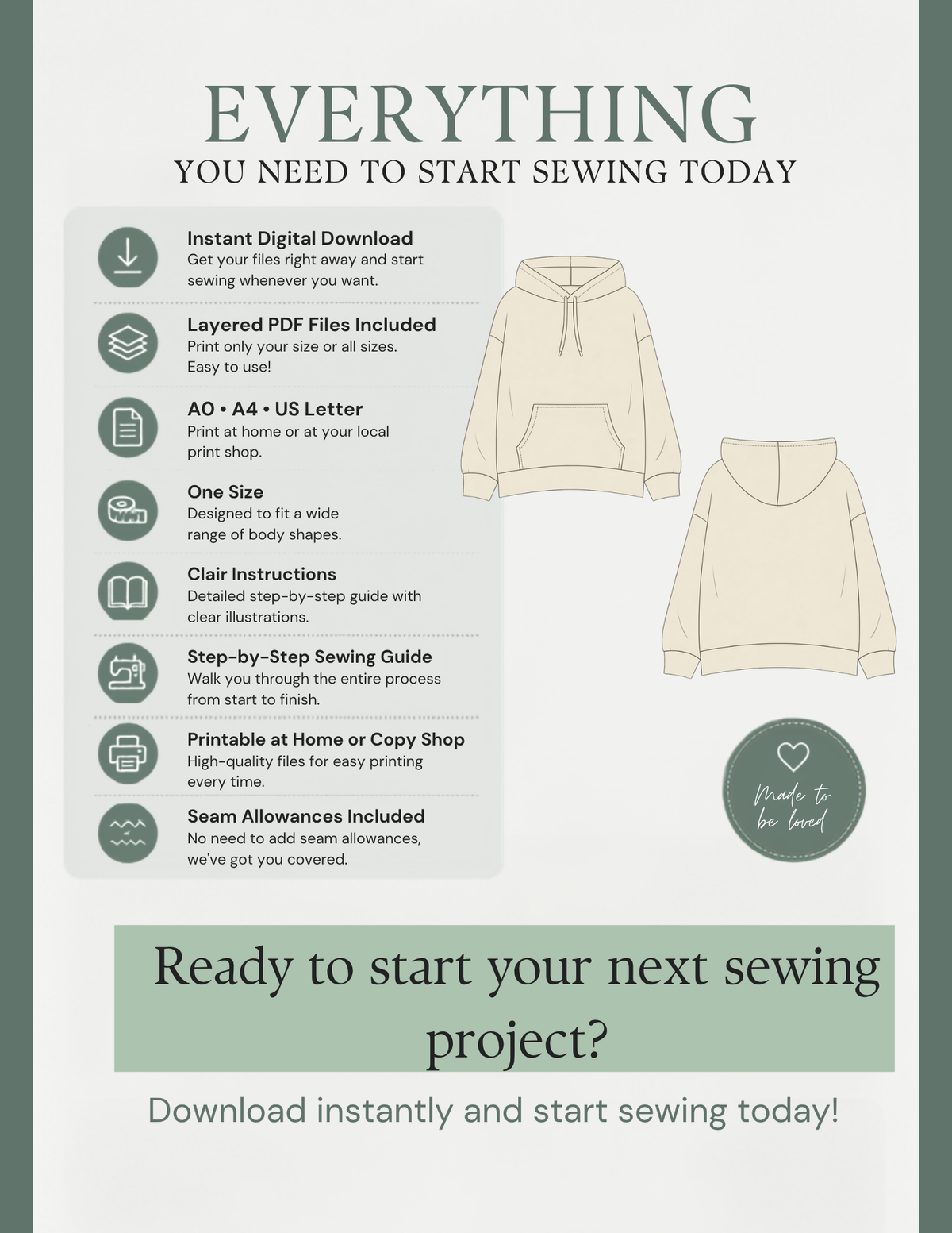 VERNA women's hoodie PDF sewing
pattern features including instant
digital download, A4, A0 and US
Letter formats, illustrated
instructions, and printable pattern
files