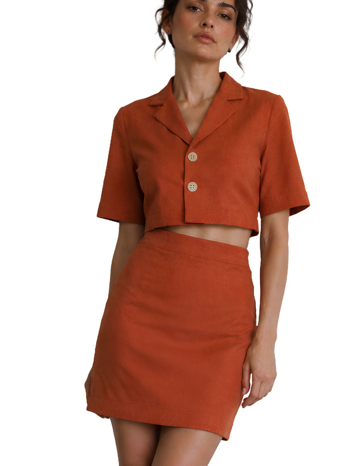 A woman modeling a matching rust-orange two-piece set consisting of a short-sleeve cropped button-front top and a high-waisted mini skirt, set against a plain light gray wall.