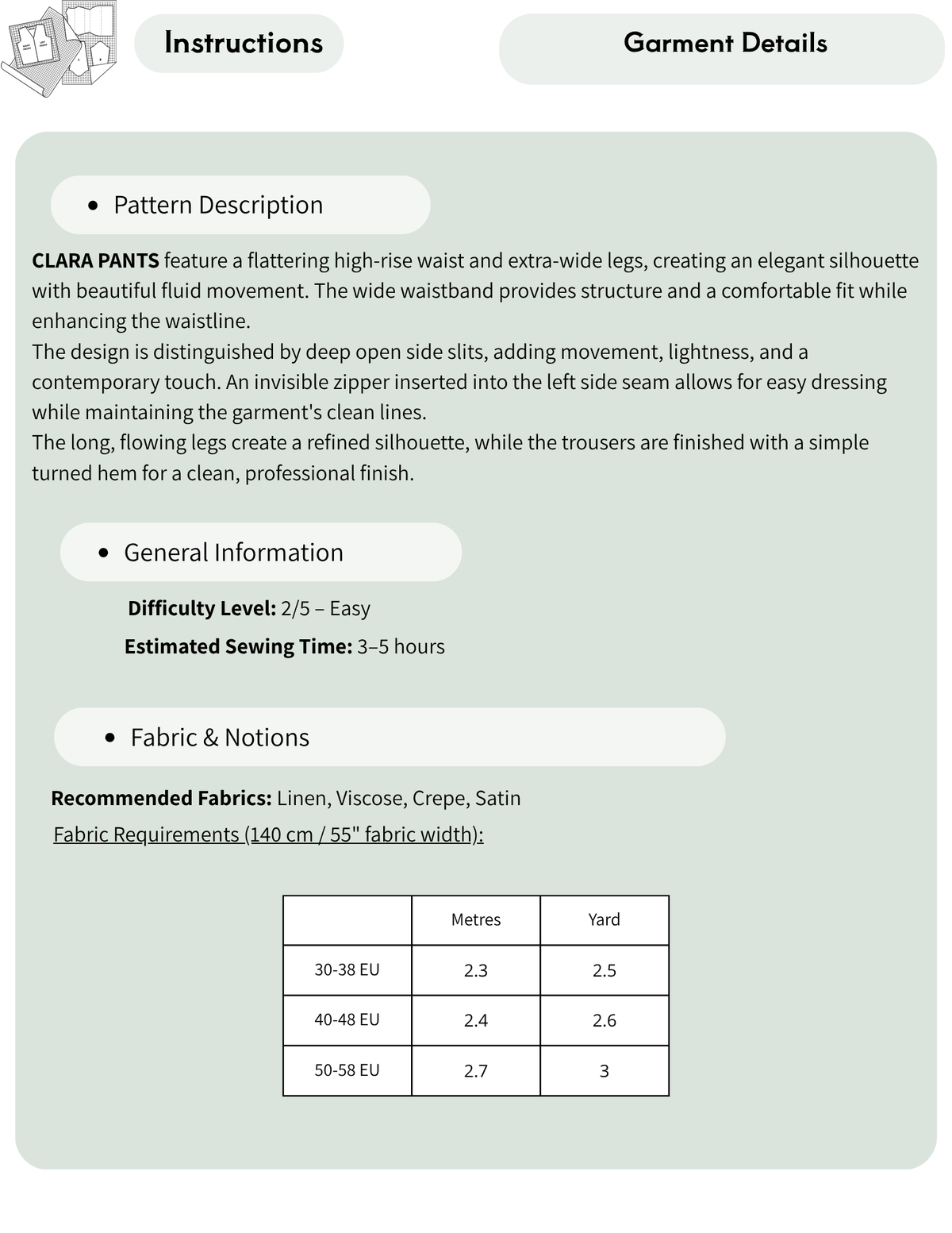Pattern description, easy diffi culty level, and fabric requirements chart for the Clara wide leg pants sewing pattern.