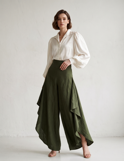 Angled view of the Clara high waisted wide leg pants, highlighting the beautiful drape and relaxed fi t of these chic DIY trousers.