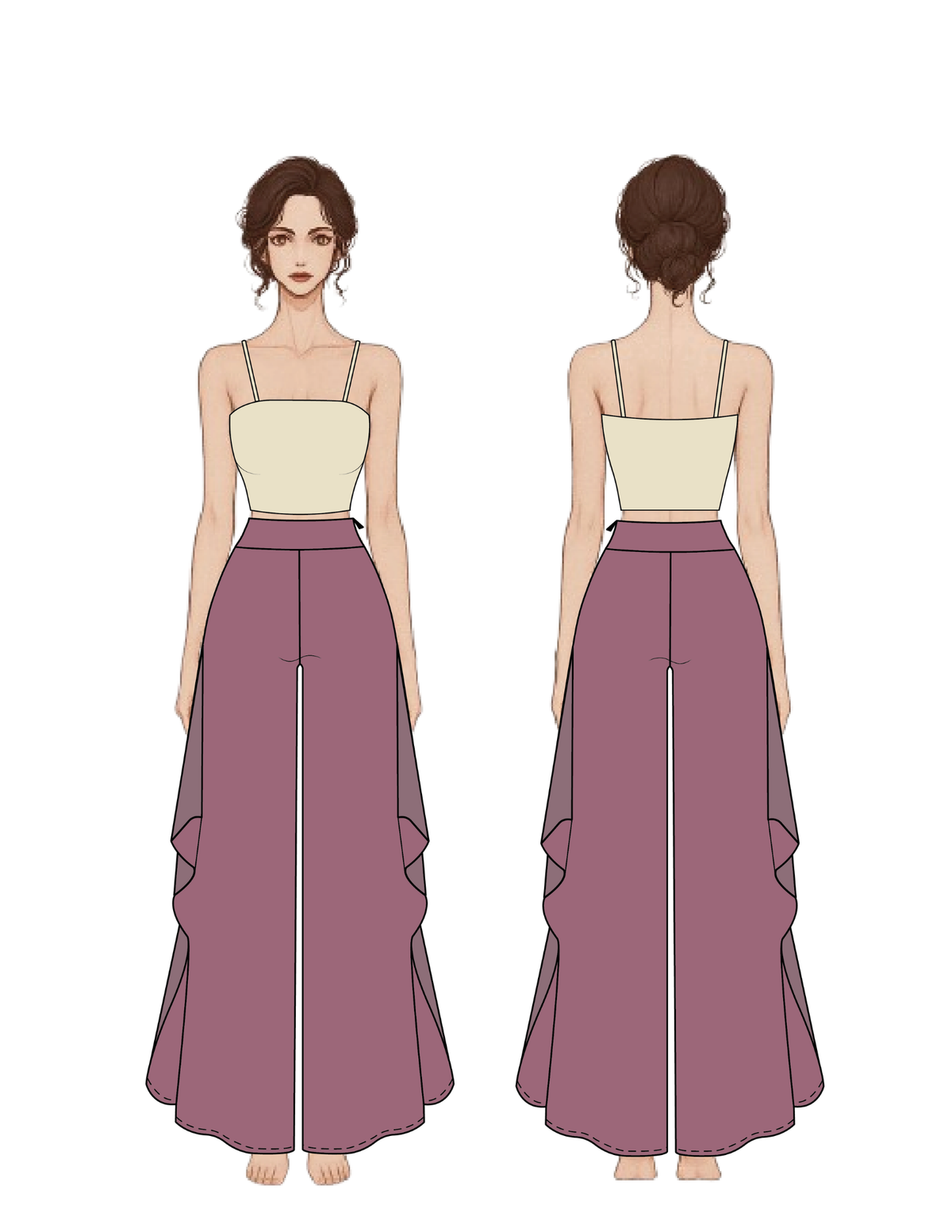 Front and back technical fashion illustration of the Clara wide leg pants, showing the high waist and fl owing open side slits design.