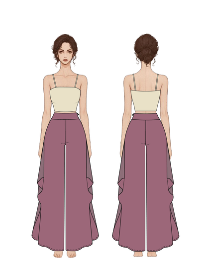 Front and back technical fashion illustration of the Clara wide leg pants, showing the high waist and fl owing open side slits design.