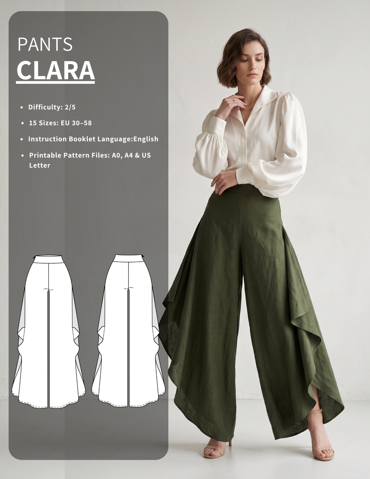 Main cover for the Clara Wide Leg Pants Sewing Pattern PDF. Features a woman wearing high-waisted olive green palazzo trousers and technical line drawings.