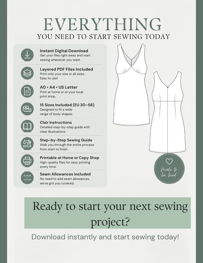 JULIE PDF sewing pattern features including instant digital download, layered fi les, A0, A4 and US Letter formats, 15 sizes and step-by-step instructions