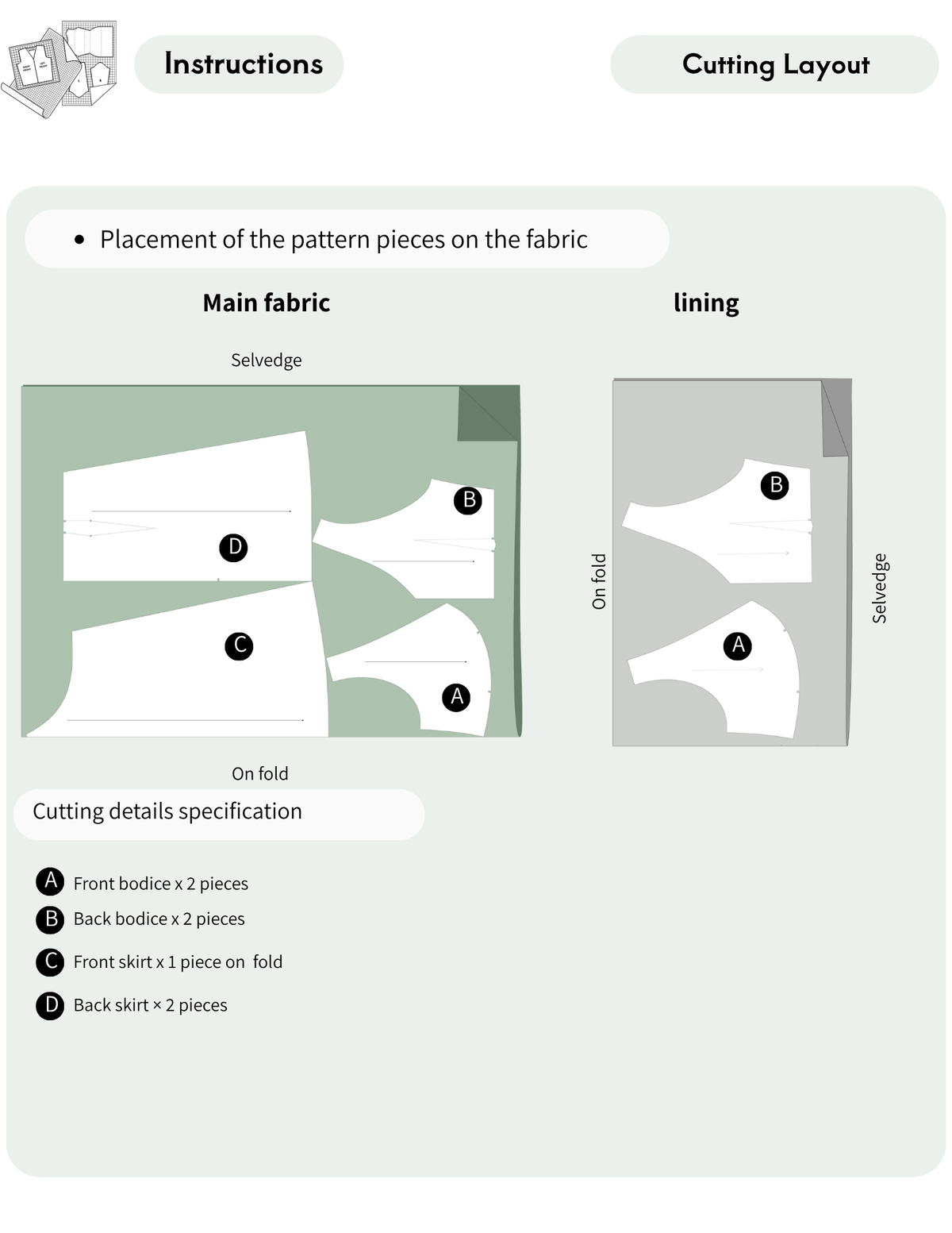 JULIE V neck mini dress sewing pattern cutting layout showing placement of bodice and skirt pattern pieces on main fabric and lining