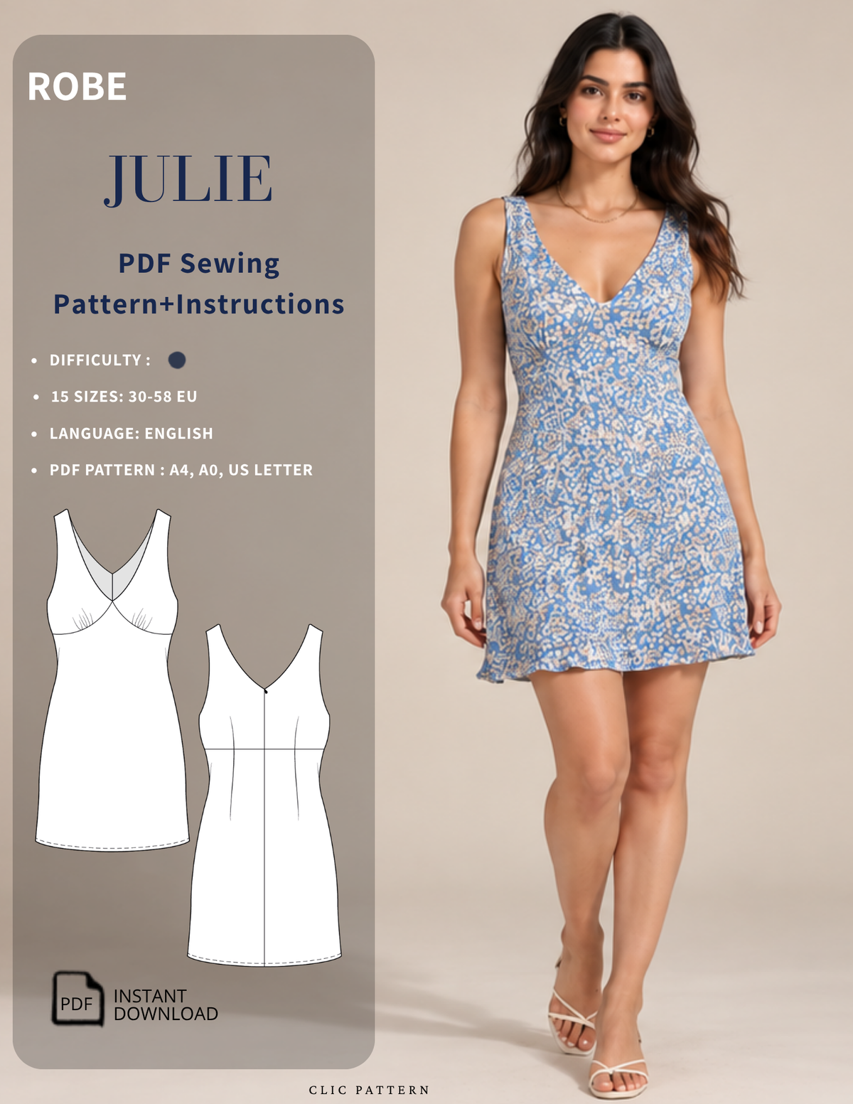 JULIE V neck mini dress PDF sewing pattern cover showing the fi nished dress, pattern illustrations, 15 sizes and instant download