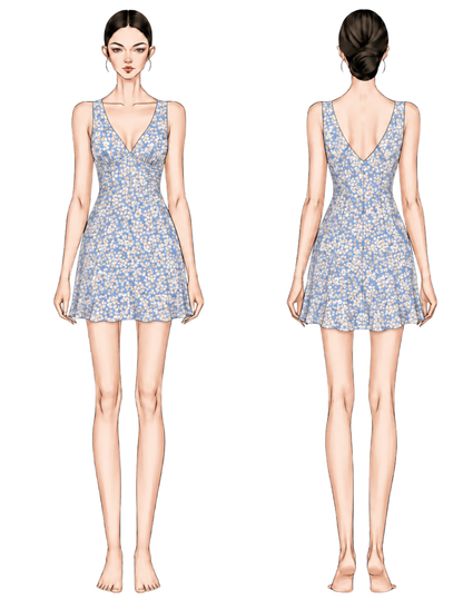 JULIE V neck mini dress sewing pattern showing front and back views of the fi tted dress with gathered bust and fl ared skirt