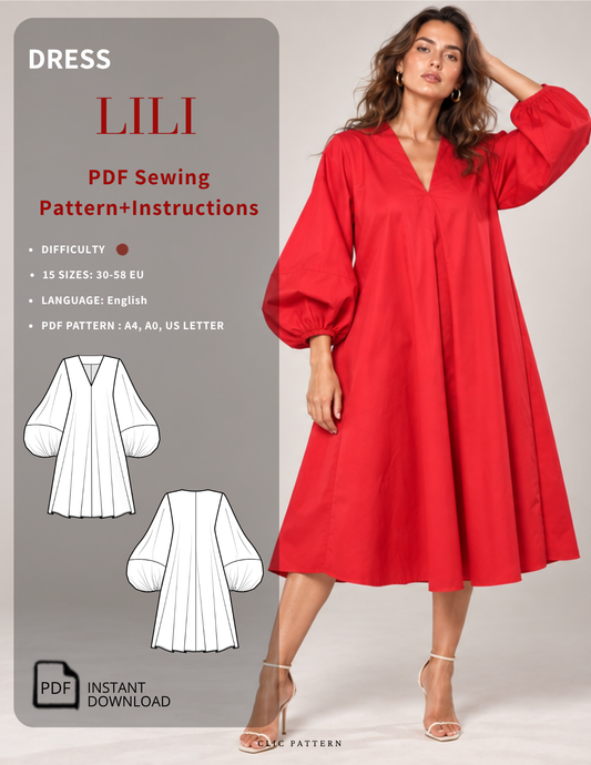 Lili Dress PDF sewing pattern cover featuring a red V-neck dress with long puff sleeves and elasticated wrists
