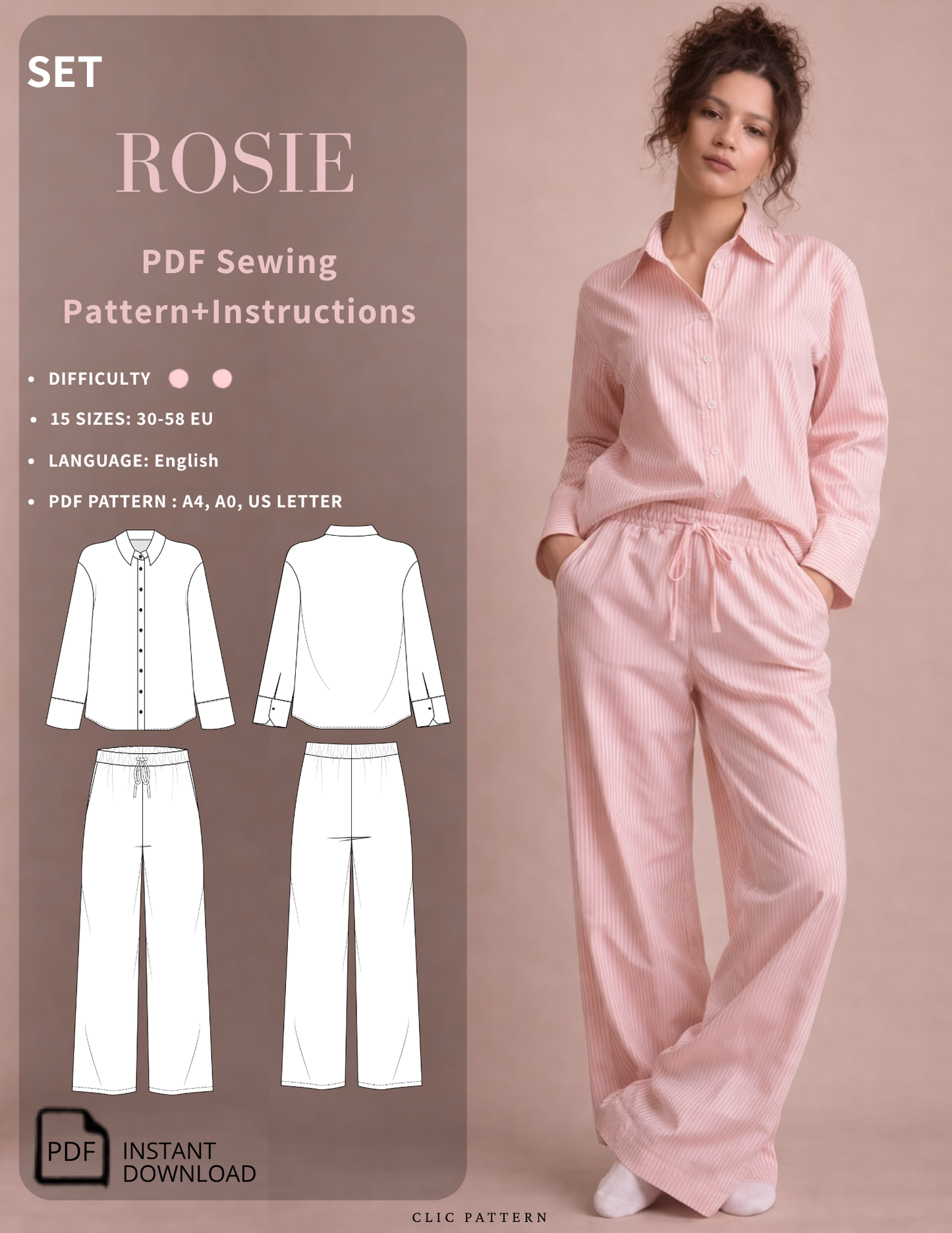 Rosie Set PDF sewing pattern with shirt and wide-leg pants, 15 sizes EU 30–58