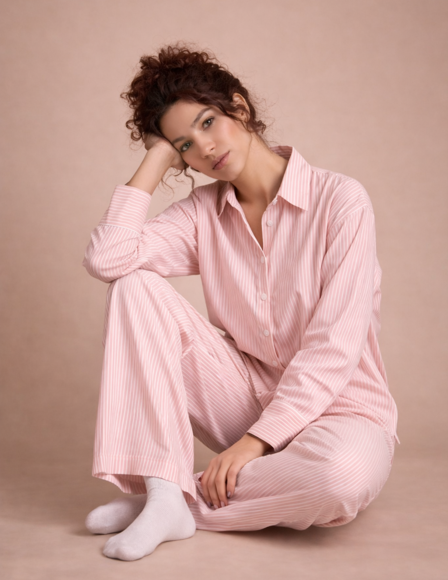 Rosie Set sewing pattern front view featuring a relaxed button-up shirt and wide-leg trousers