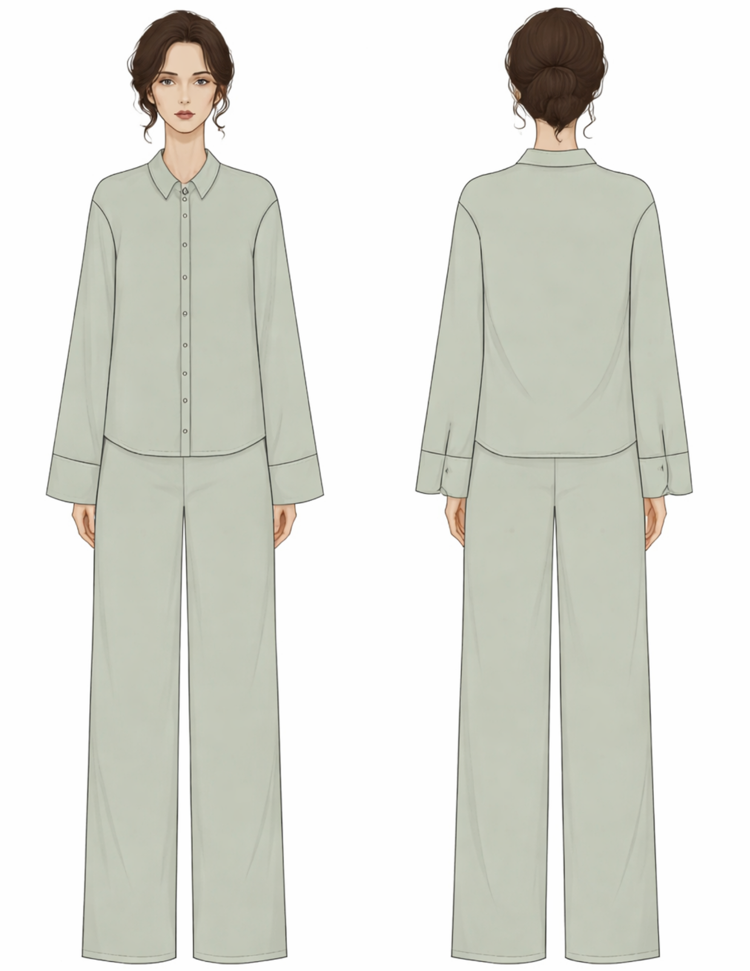 Rosie Set sewing pattern technical drawing showing button-up shirt and wide-leg pants front and back