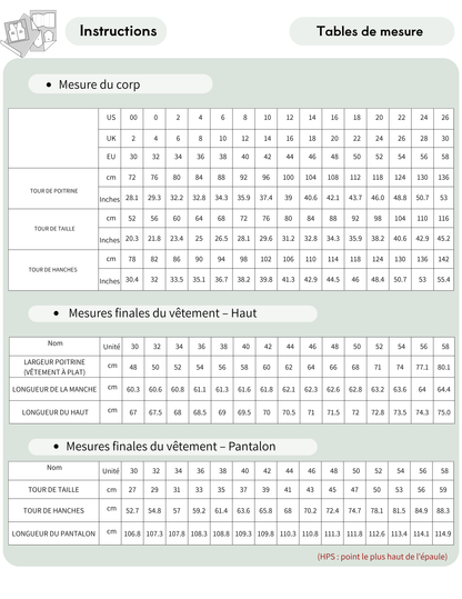 Rosie Set sewing pattern size chart with body measurements and finished garment measurements EU 30–58