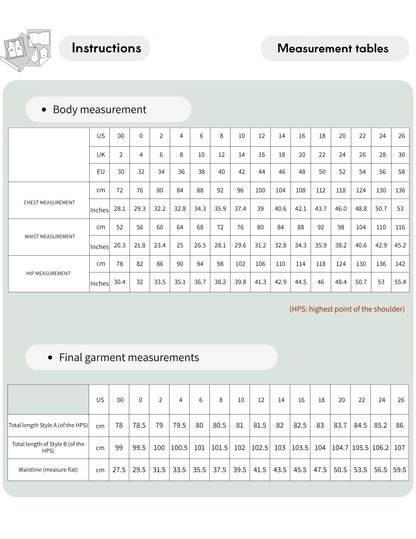 A sizing guide infographic with two tables: one for body measurement (US, UK, EU, JP sizes with chest, waist, and hip measurements) and one for final garment measurements, under the headings 'Instructions' and 'Measurement tables'.