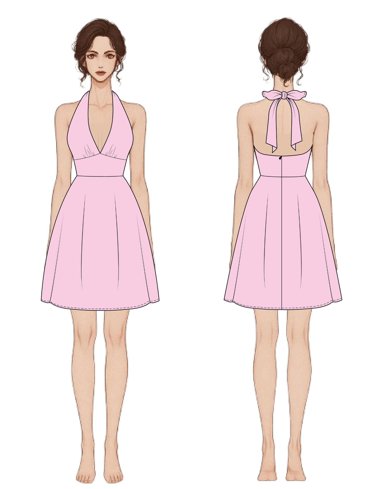 Pink halter dress shown from front and back on a white background