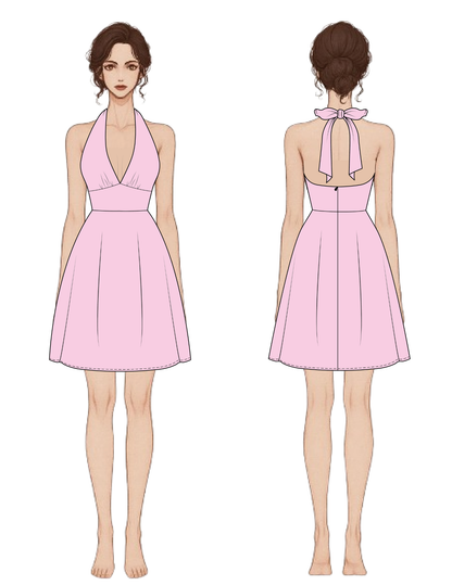 Pink halter dress shown from front and back on a white background