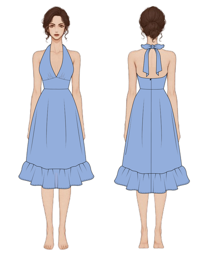 Blue dress shown from front and back on a white background