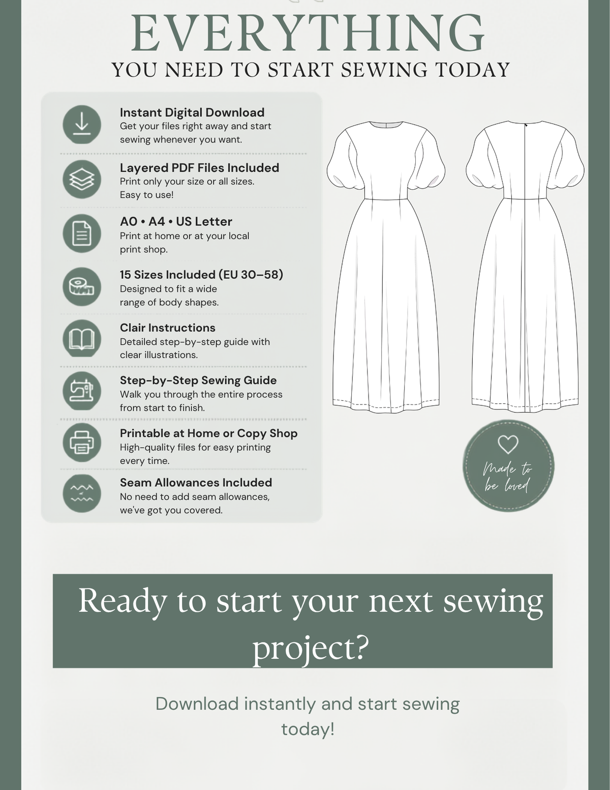 PILAR digital dress sewing pattern features including instant download, layered PDF fi les, A0, A4 and US Letter printing formats, 15 sizes EU 30–58 and illustrated sewing instructions