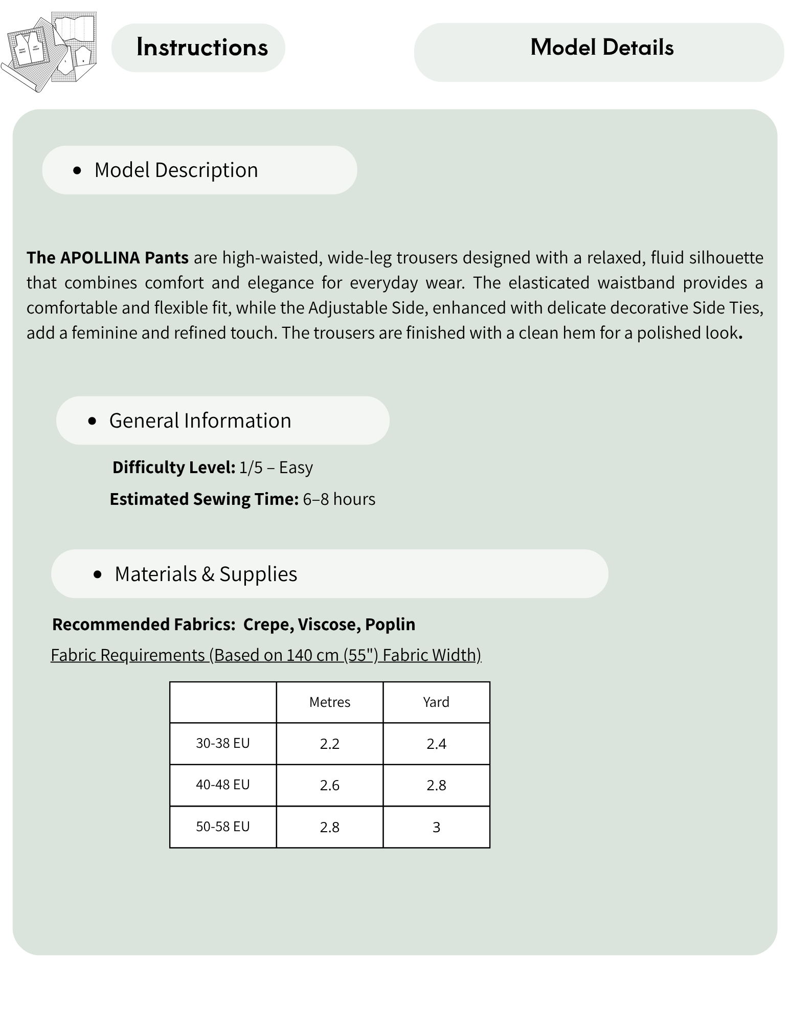 A digital template page for sewing pattern instructions and model details for 'The APOLLINA Pants', showing fabric requirements in a table format on a pale sage green background.