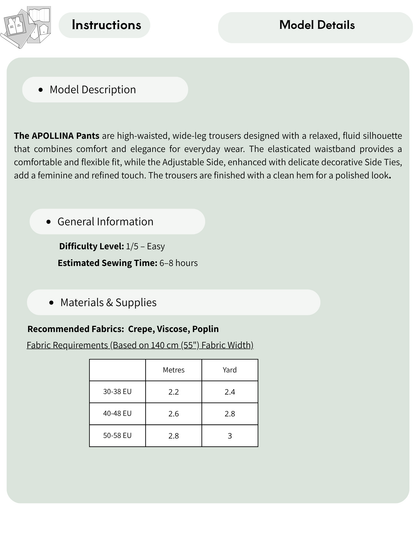 A digital template page for sewing pattern instructions and model details for 'The APOLLINA Pants', showing fabric requirements in a table format on a pale sage green background.