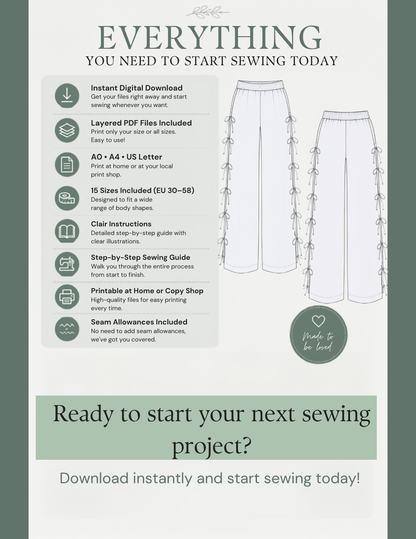 Promotional graphic for a digital sewing pattern listing, titled 'EVERYTHING YOU NEED TO START SEWING TODAY'. The design features a light sage green and white color scheme with line drawings of a floral skirt and matching shorts.