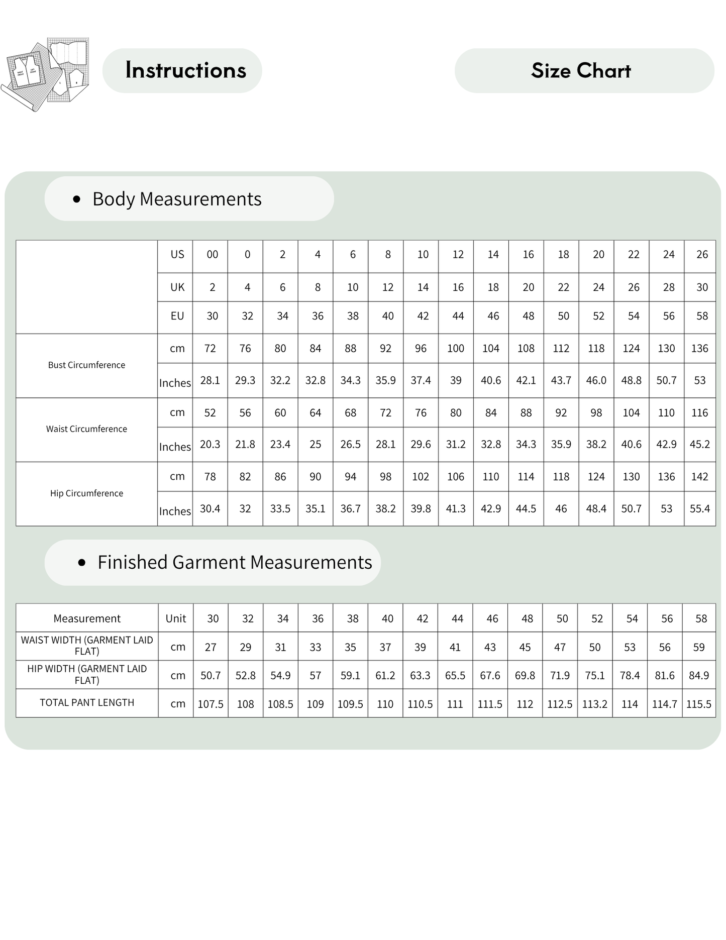 A size chart and instructions table for garments, with sections for body measurements and finished garment measurements, shown on a white background with blue and gray header tabs.