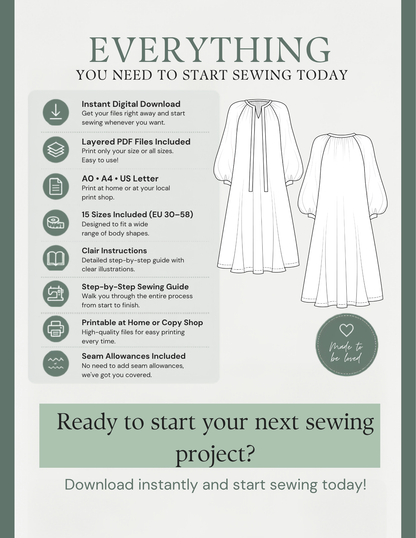 Promotional graphic for a digital sewing pattern download, featuring a white dress illustration, a list of included features, and text inviting users to start sewing today.