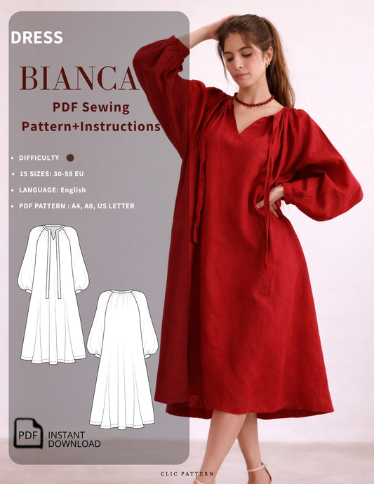 A woman modeling a red midi dress with voluminous long sleeves and a loose V-neck, shown alongside a gray panel with text for a PDF sewing pattern titled DRESS BIANCA, including size, language, and PDF format details.