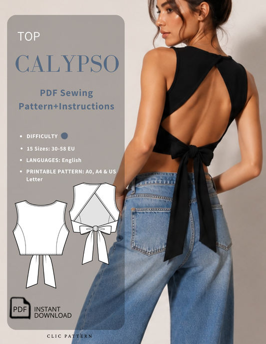 Calypso Top PDF sewing pattern cover featuring a fitted black cropped top with crossover open back and bow ties