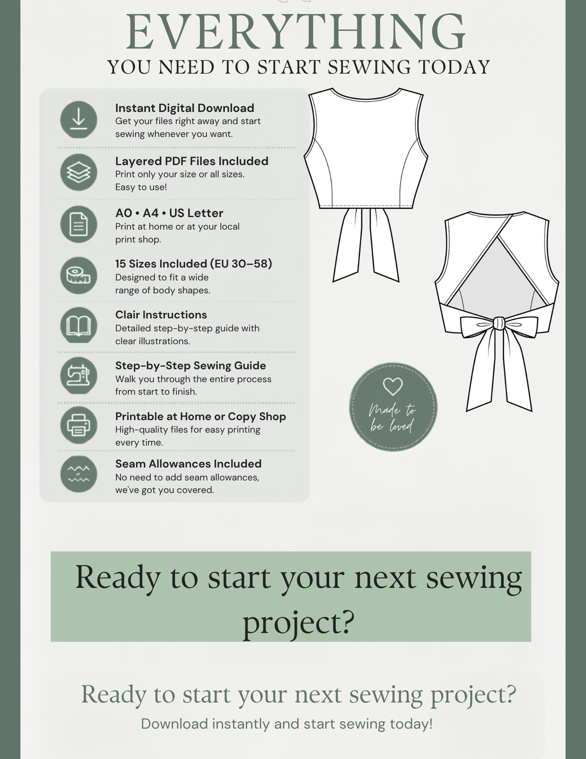 Calypso Top PDF sewing pattern features including instant download, layered PDF files, A0, A4 and US Letter formats and 15 sizes