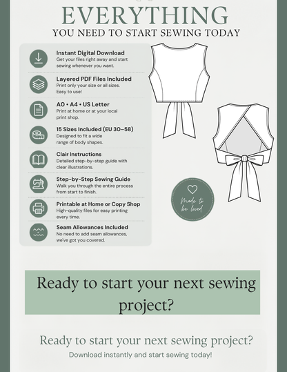 Calypso Top PDF sewing pattern features including instant download, layered PDF files, A0, A4 and US Letter formats and 15 sizes