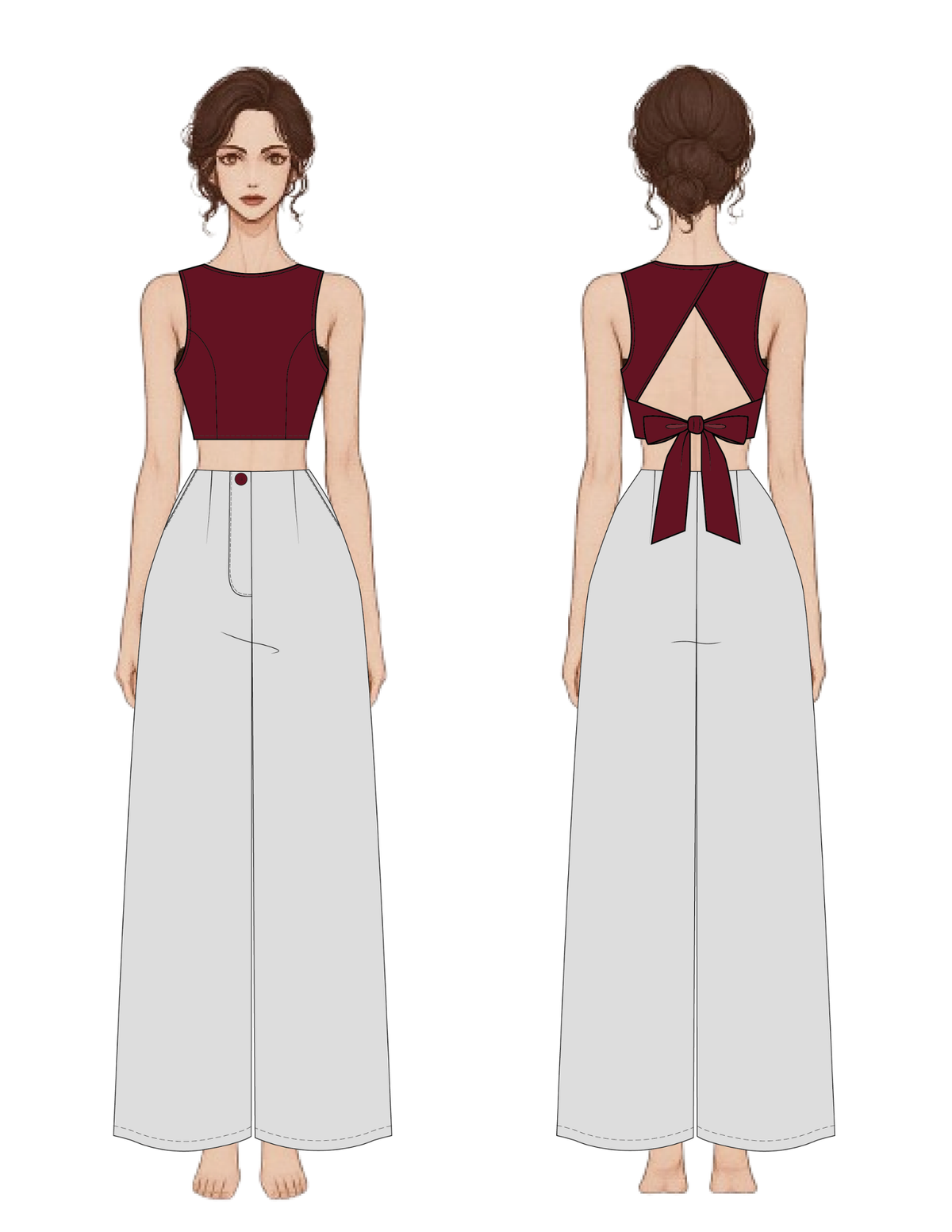 Calypso Top technical drawing showing front and back views, crossover back opening, neckline, armholes, back band and waist ties