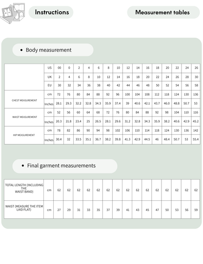 CIA Skirt sewing pattern body measurement chart with 15 sizes from EU 30 to EU 58