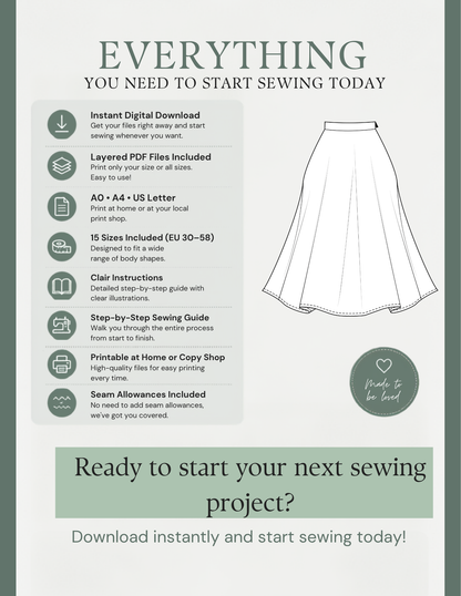 CIA Skirt PDF sewing pattern with printable files, layered PDFs, A0, A4 and US Letter formats and sewing instructions