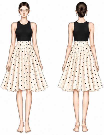 CIA Skirt sewing pattern front and back views showing the high waistband and flowing circular skirt silhouette
