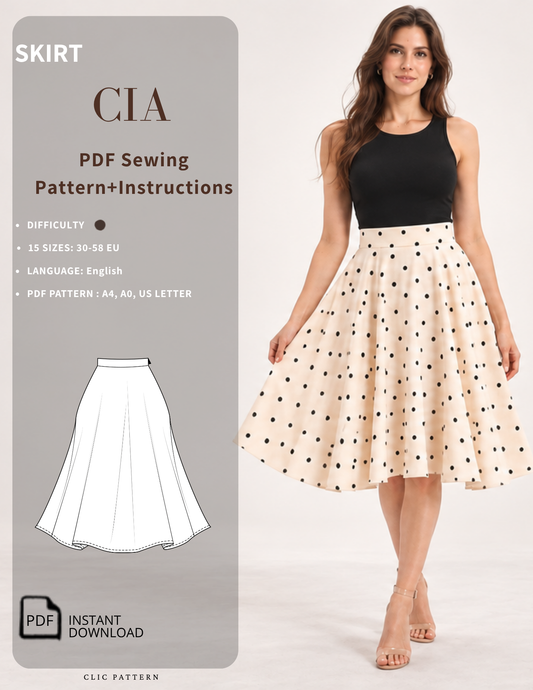 CIA Skirt sewing pattern PDF for a women's high waist midi circular skirt with flowing silhouette