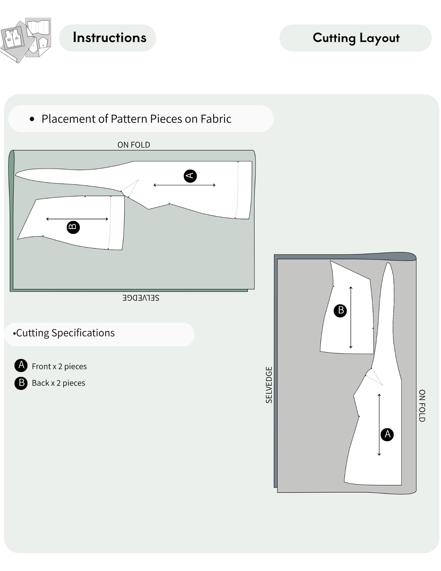 A sewing pattern cutting layout instruction sheet showing pattern pieces on fabric, with labeled front and back pieces, measurements, and layout diagrams on a pale green background.