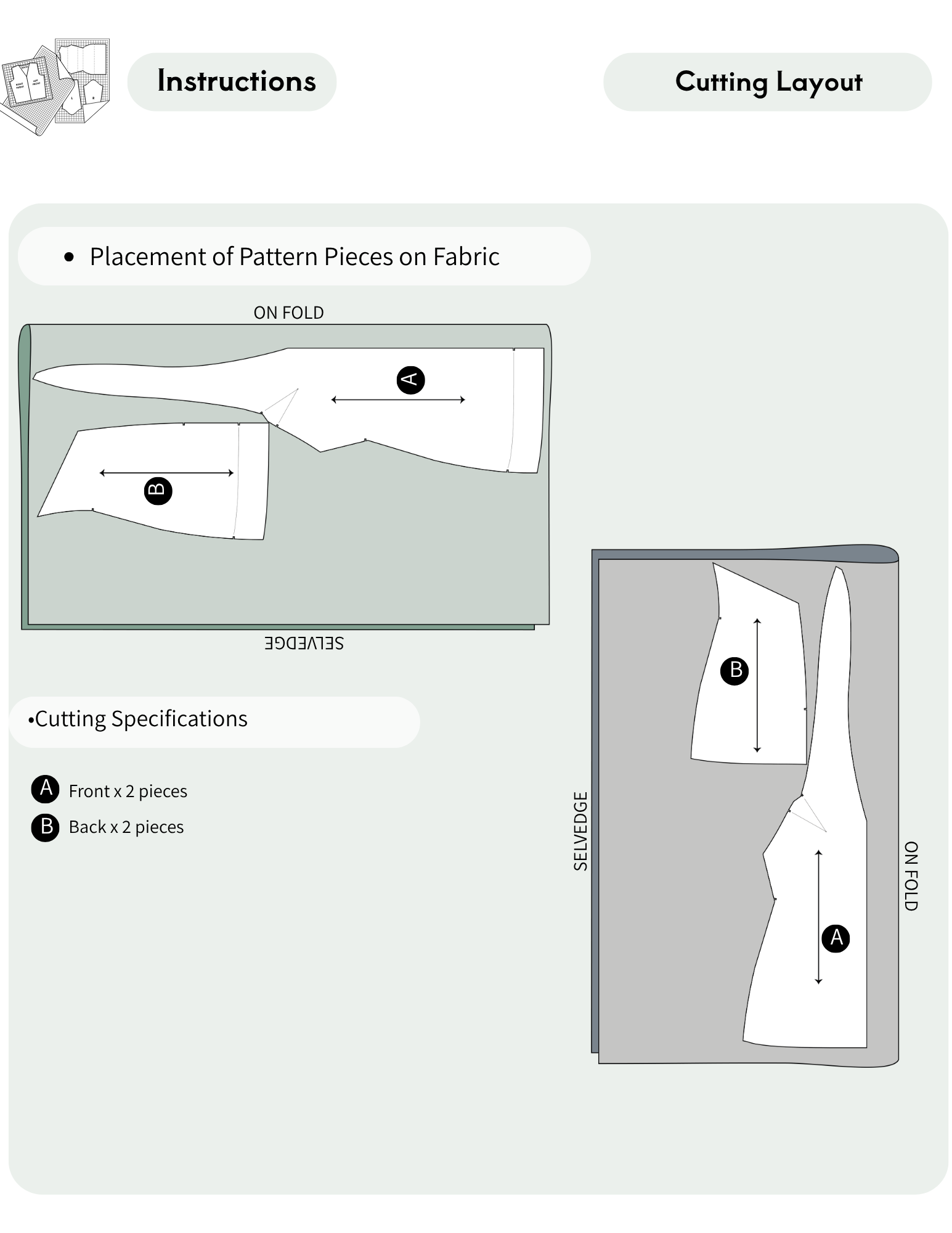 A sewing pattern cutting layout instruction sheet showing pattern pieces on fabric, with labeled front and back pieces, measurements, and layout diagrams on a pale green background.