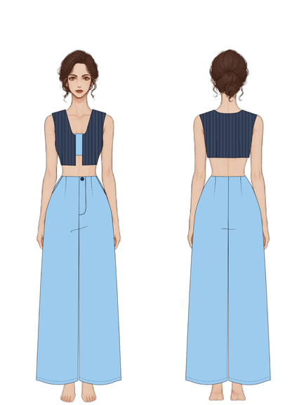 Technical fashion illustration of the 
Women's Cropped Vest Sewing Pattern showing front and back garment design with modern  proportions