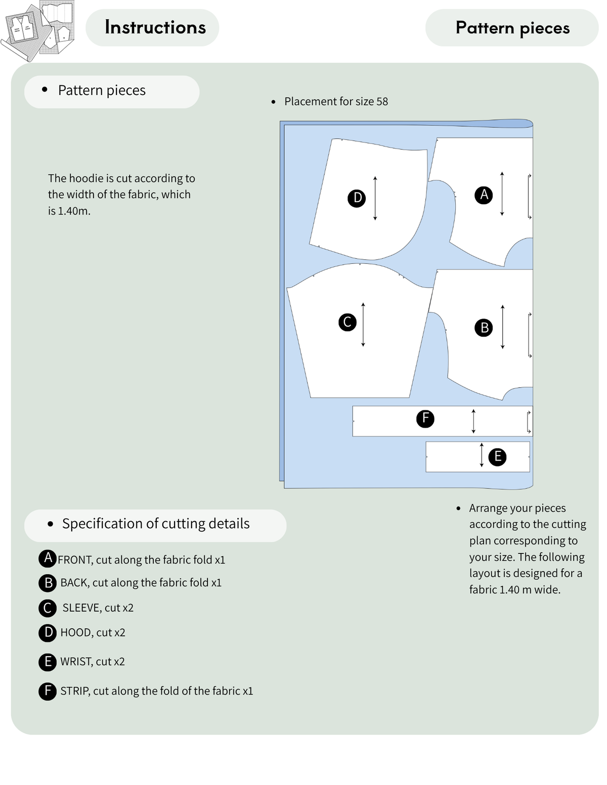 Fabric cutting layout for the EBONY hoodie sewing pattern in size EU 58 using 140 cm wide fabric.