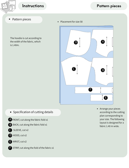 Fabric cutting layout for the EBONY hoodie sewing pattern in size EU 58 using 140 cm wide fabric.
