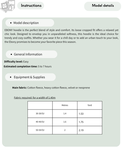EBONY cropped hoodie sewing pattern details including difficulty level, recommended fabrics and fabric requirements.