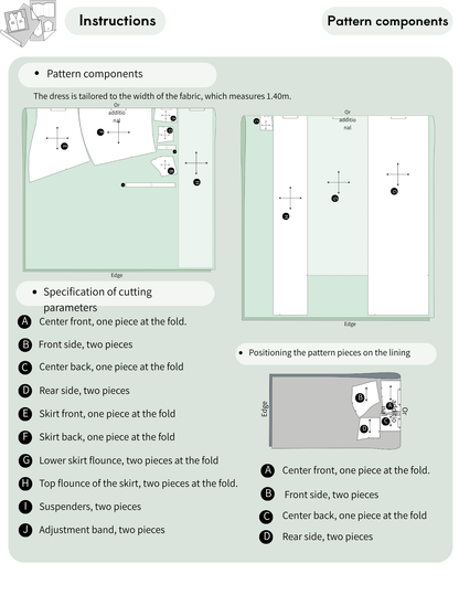 A flat instructional sheet showing pattern components with labeled diagrams, folding instructions, and a small sewing pattern layout on a pale green background.