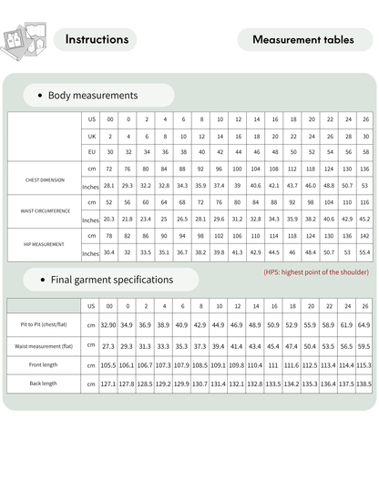 A digital preview of a sizing chart and instructions sheet for apparel measurements, featuring body measurements tables and a final garment specifications table with US and EU sizes.