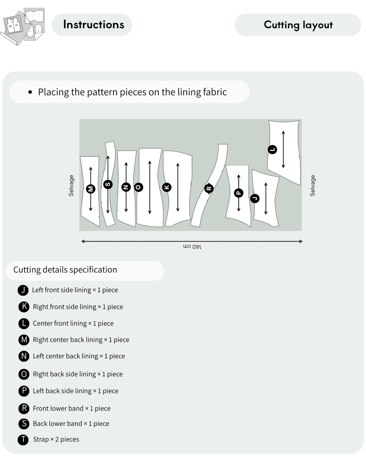 ELYSIA maxi dress sewing pattern 
PDF showing the lining fabric cutting 
layout with labeled bodice and skirt 
pieces